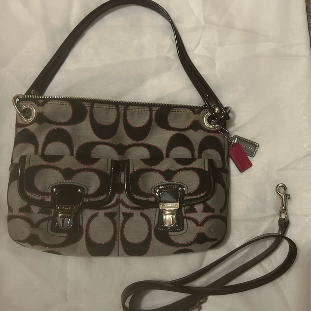 Coach Brown Signature Canvas Shoulder Bag with Pink Accent